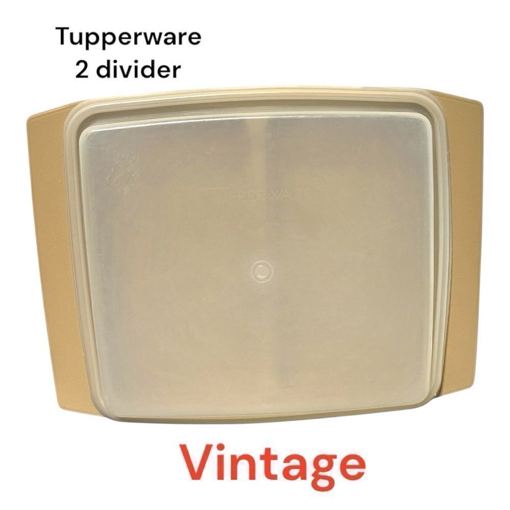 Tupperware Divided Tray Almond Color With Clear Lid - 9" x 12 vintage